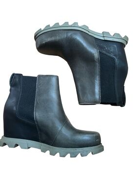 Sorel Joan of Arctic Wedge Chelsea Boots Slate Gray Black Waterproof Leather 7.5